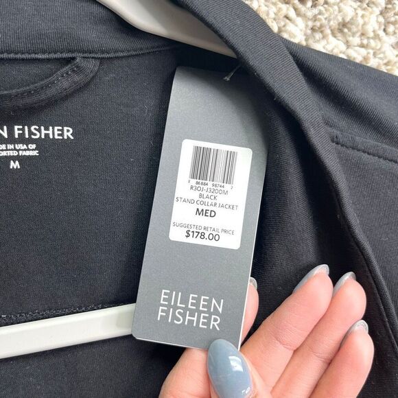 Eileen Fisher Jacket Women’s Medium Black Stand Collar Snap Button Front Shirt N - Picture 6 of 9